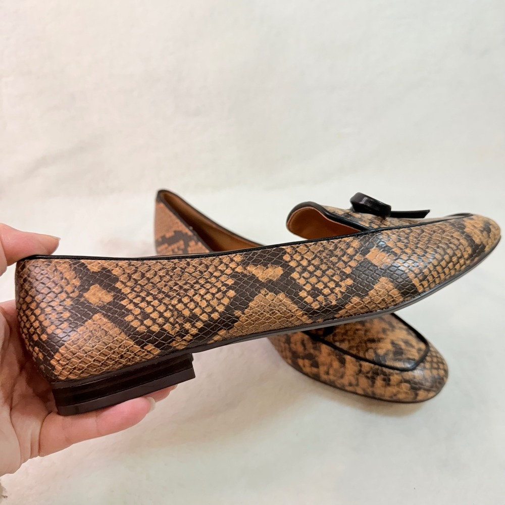 J.Crew Womens Snakeskin Print Bow Loafers Brown Black Flats Size 9.5 - Picture 3 of 9